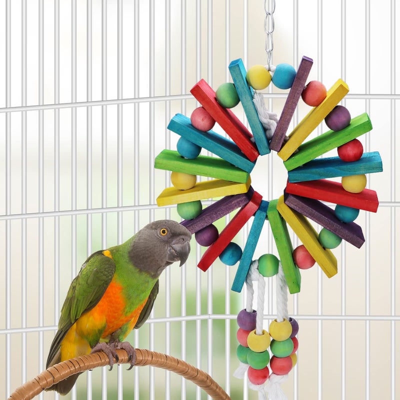 Litewoo Parrot Hanging Chew Toy Bird Bite Swing with Colorful Wood Beads Bells for Parrot Macaw African Greys Cockatiels Cage Accessories (Colorful Wood Toy) - Image 5